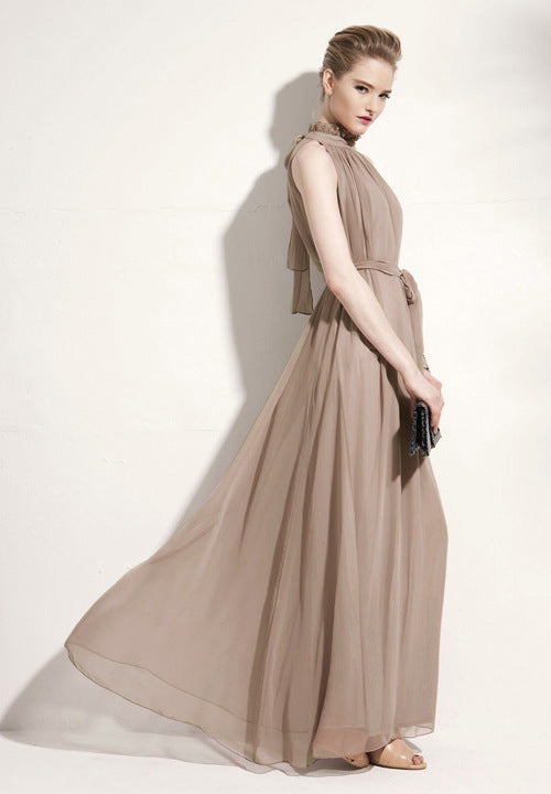 Casual Chiffon Halter Long Boho Dresses with Belt