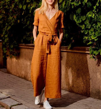 Women Short Sleeves Linen Loose Jumpsuits-STYLEGOING