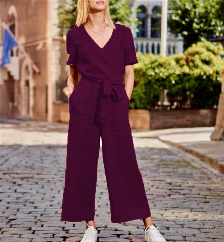 Women Short Sleeves Linen Loose Jumpsuits-STYLEGOING