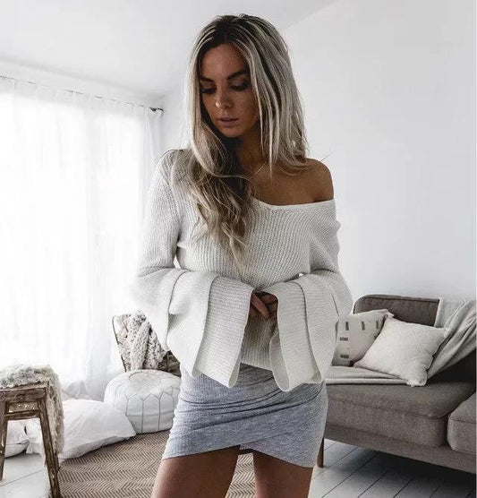 Women Bell Sleeves Fall Knitting Sweaters-STYLEGOING