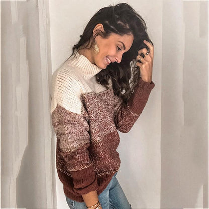 High Neck Pullover Striped Sweater-STYLEGOING