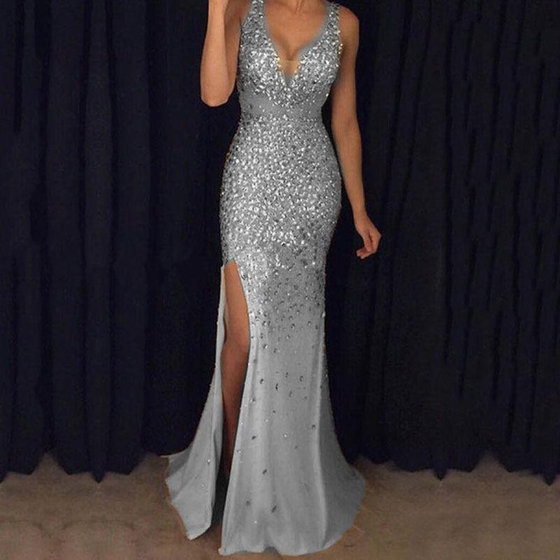 Women Sequin Split Front Sexy Long Evening Dresses-STYLEGOING