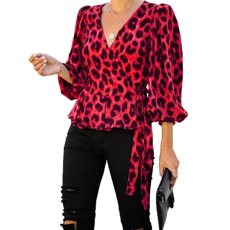 Women V Neck Long Sleeves Leopard Blouses-STYLEGOING