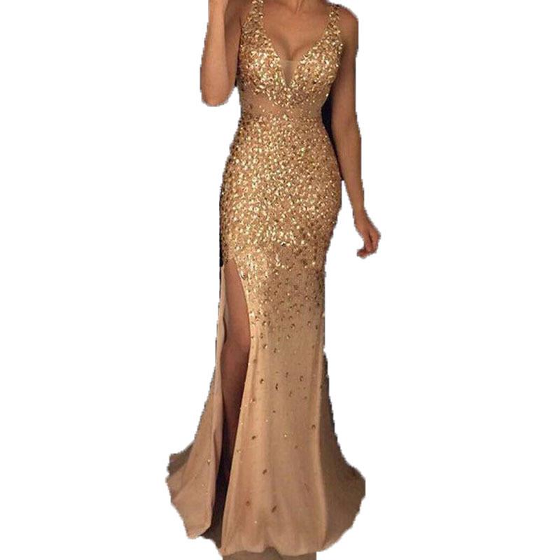 Women Sequin Split Front Sexy Long Evening Dresses-STYLEGOING