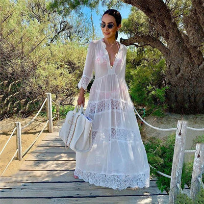 White Long Sleeves Chiffon Beach Cover Ups-STYLEGOING