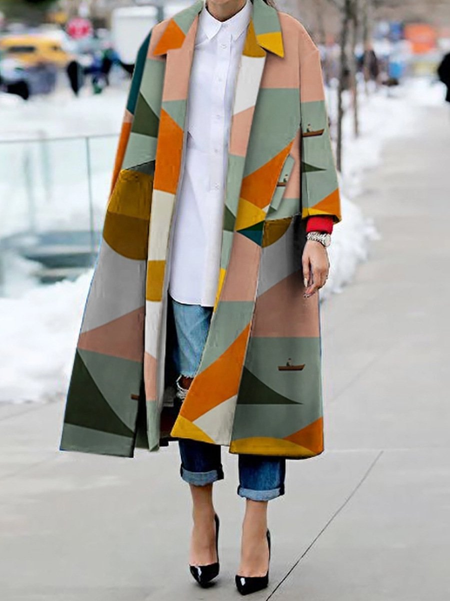 Women Turnover Collar Geometry Long Overcoat-STYLEGOING