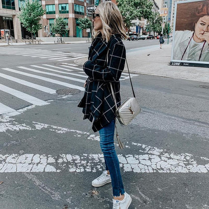 Women Loose Plaid Long Trenchcoat-STYLEGOING