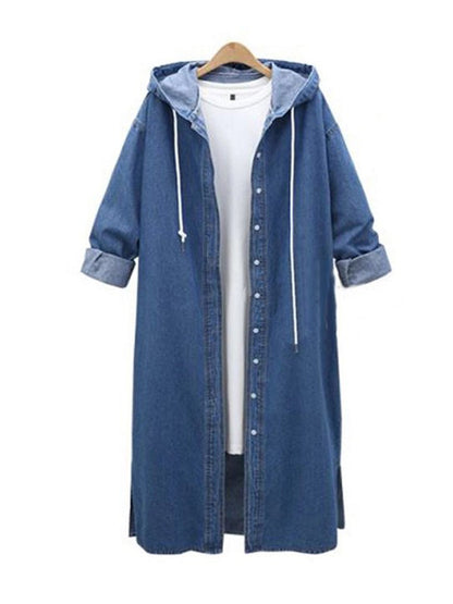 Women Long Sleeves Denim Long Windcoat