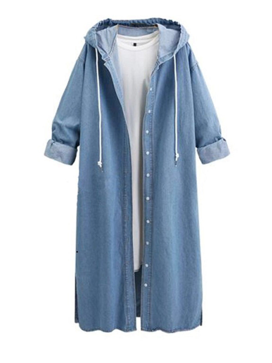 Women Long Sleeves Denim Long Windcoat