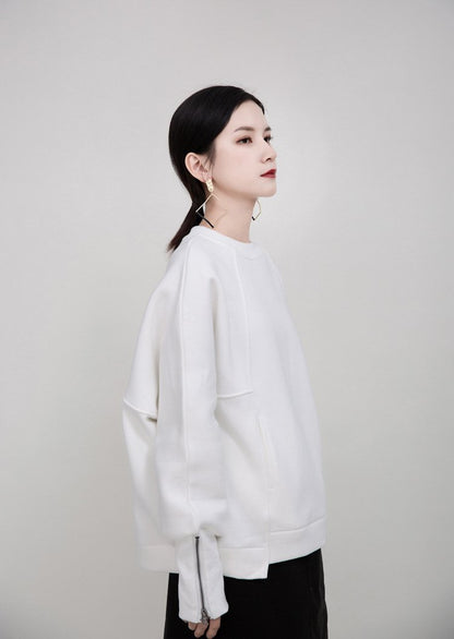 Women Round Neck Zipper Loose Hoodies Sweaters