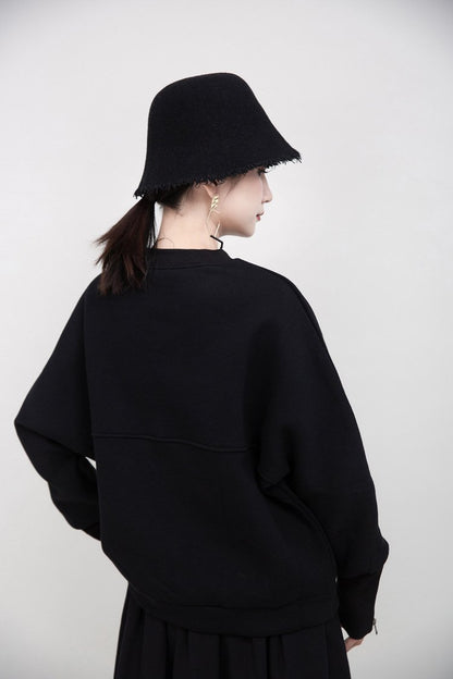Women Round Neck Zipper Loose Hoodies Sweaters