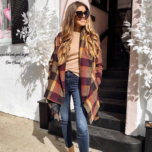 Women Loose Plaid Long Trenchcoat-STYLEGOING