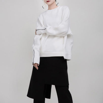 Women Round Neck Zipper Loose Hoodies Sweaters