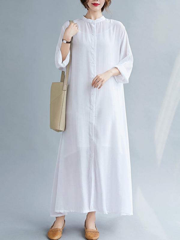 lSolid Round-Neck Shirts Long Dress-STYLEGOING