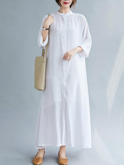 lSolid Round-Neck Shirts Long Dress-STYLEGOING