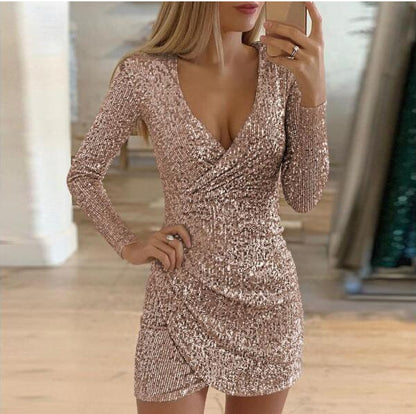 Sexy Sequins Deep V Neck Short Dresses
