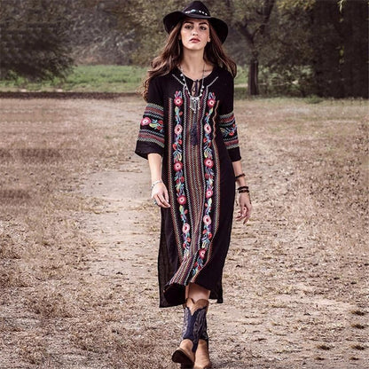 Black Bohemian Embroidery Bikini Cover Up Dresses