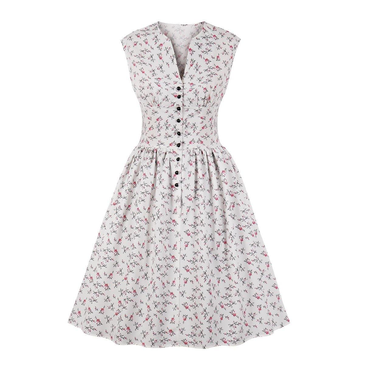 Women V Neck Floral Print High Waist Vintage Dresses with Button-STYLEGOING