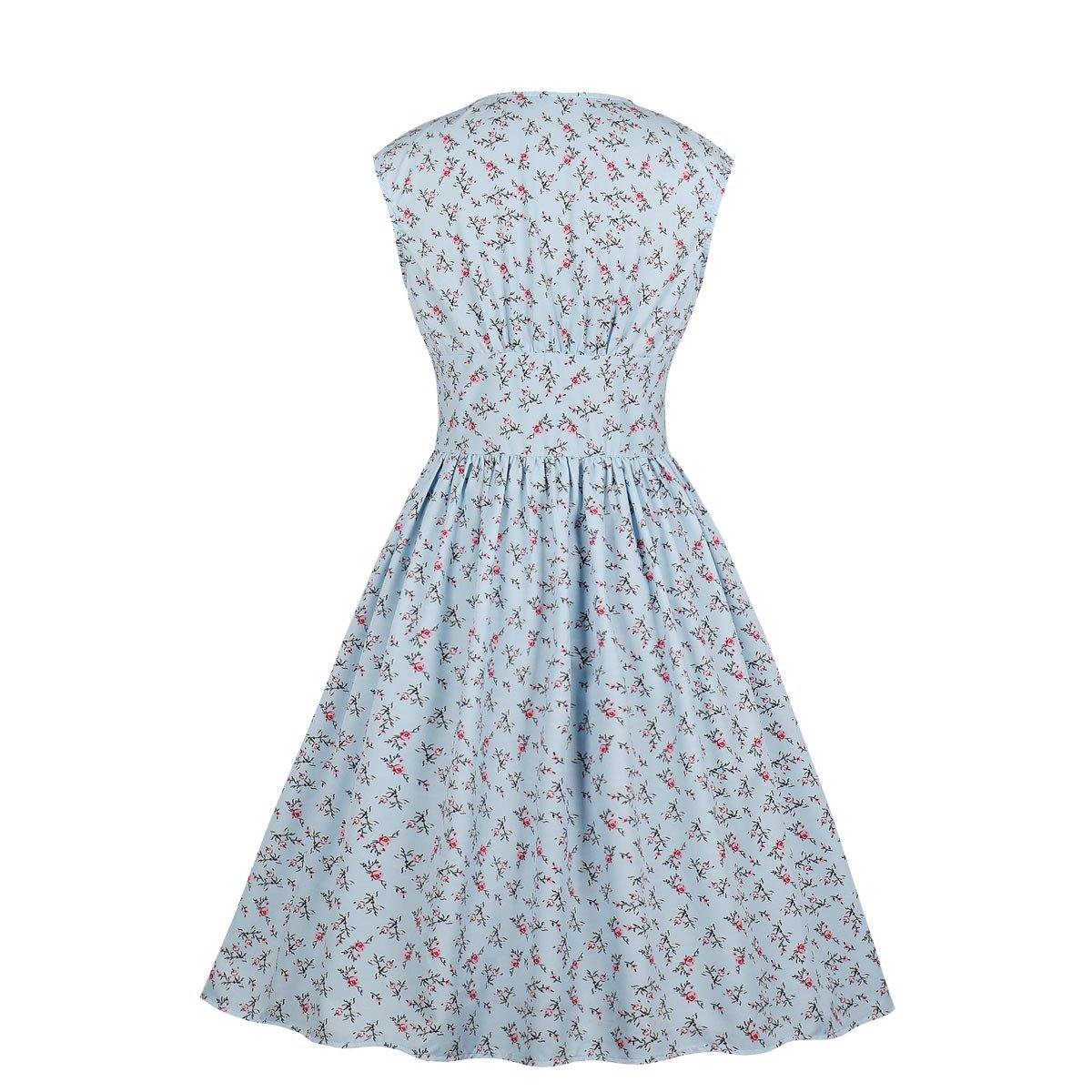 Women V Neck Floral Print High Waist Vintage Dresses with Button-STYLEGOING