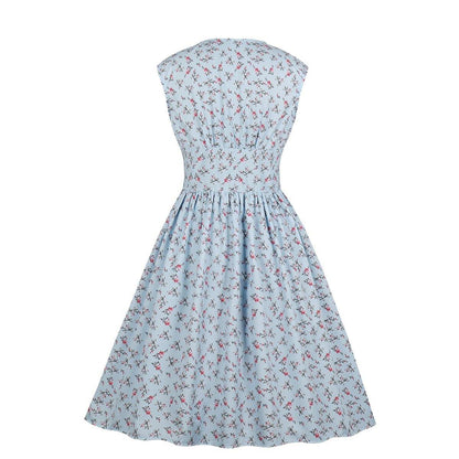 Women V Neck Floral Print High Waist Vintage Dresses with Button-STYLEGOING