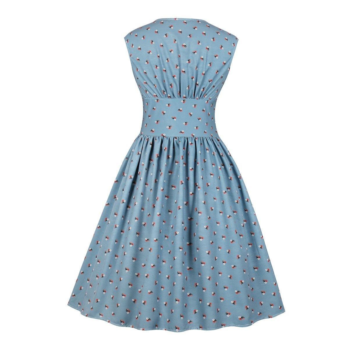 Women V Neck Floral Print High Waist Vintage Dresses with Button-STYLEGOING