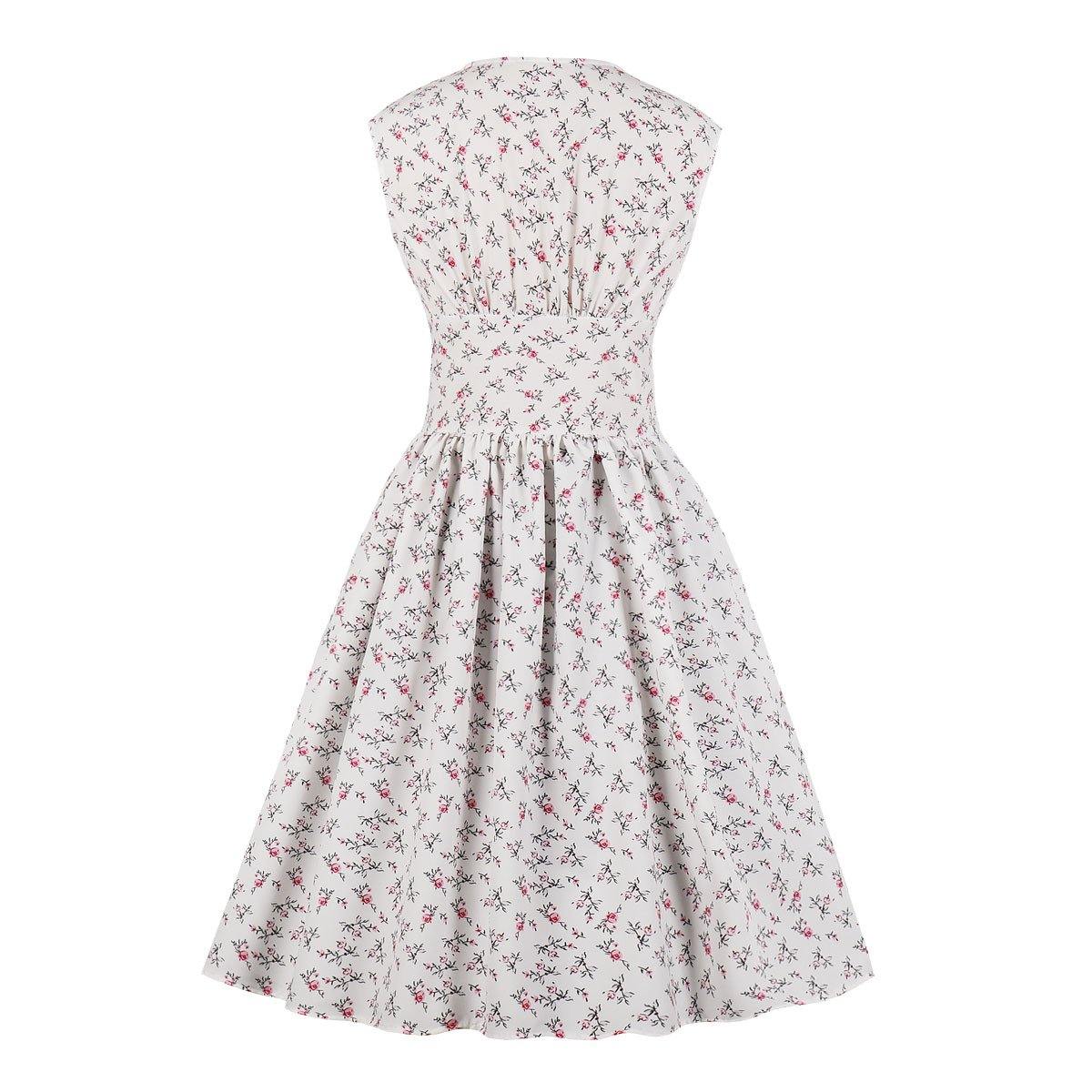 Women V Neck Floral Print High Waist Vintage Dresses with Button-STYLEGOING