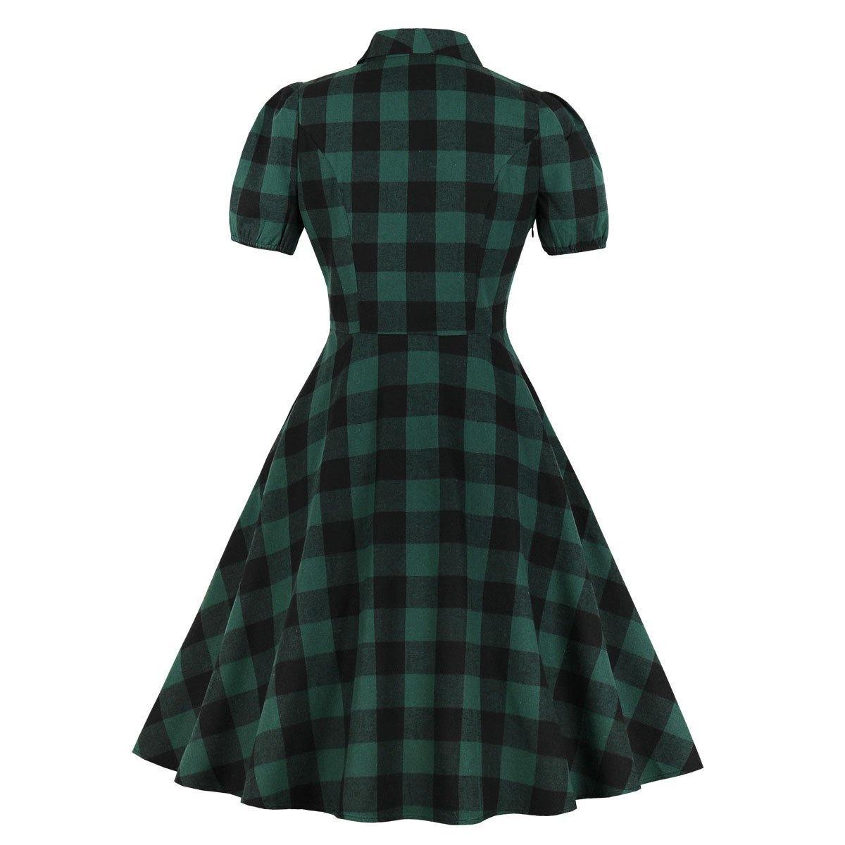 Women Short Sleeves Plaid Vintage Dresses-STYLEGOING