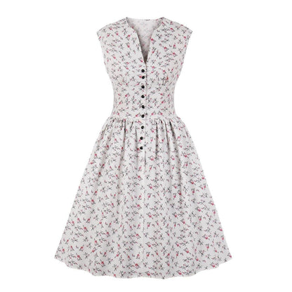 Women V Neck Floral Print High Waist Vintage Dresses with Button-STYLEGOING