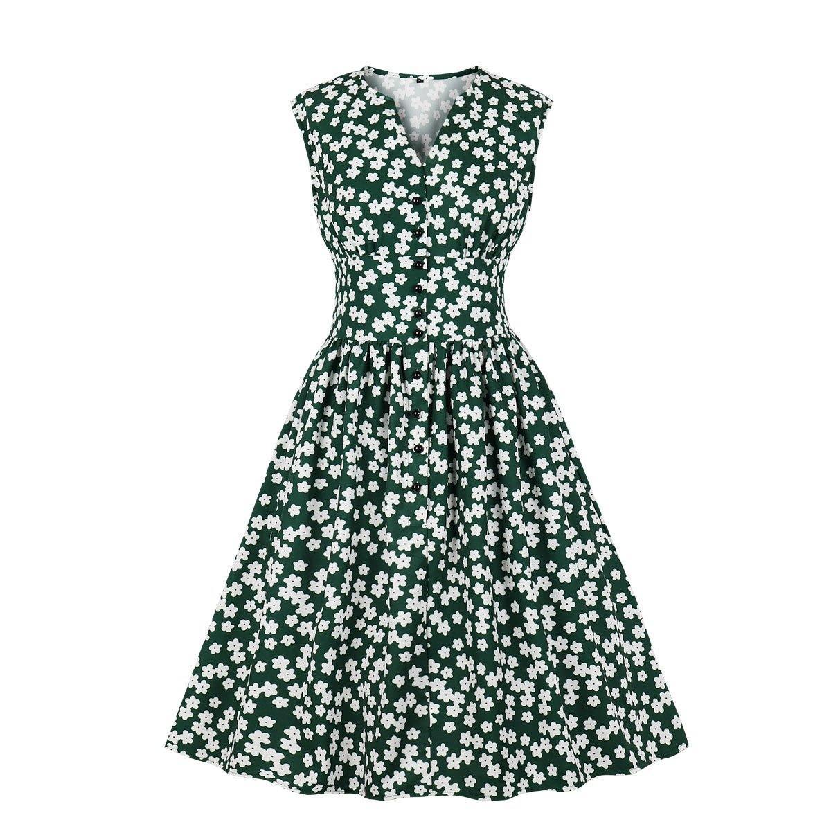 Women V Neck Floral Print High Waist Vintage Dresses with Button-STYLEGOING