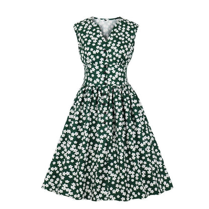 Women V Neck Floral Print High Waist Vintage Dresses with Button-STYLEGOING