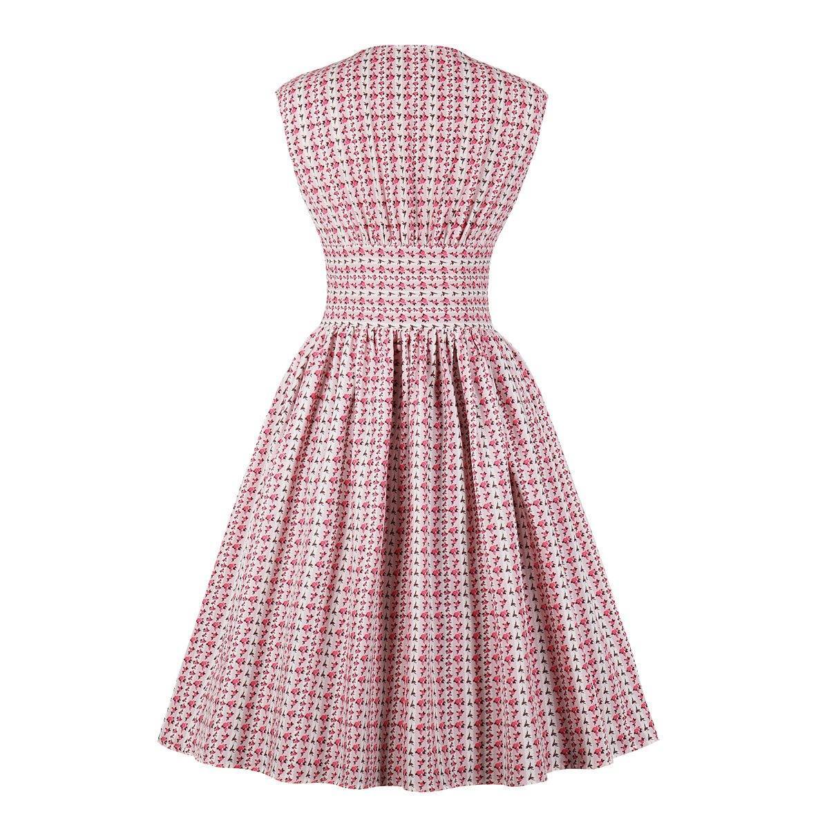 Women V Neck Floral Print High Waist Vintage Dresses with Button-STYLEGOING