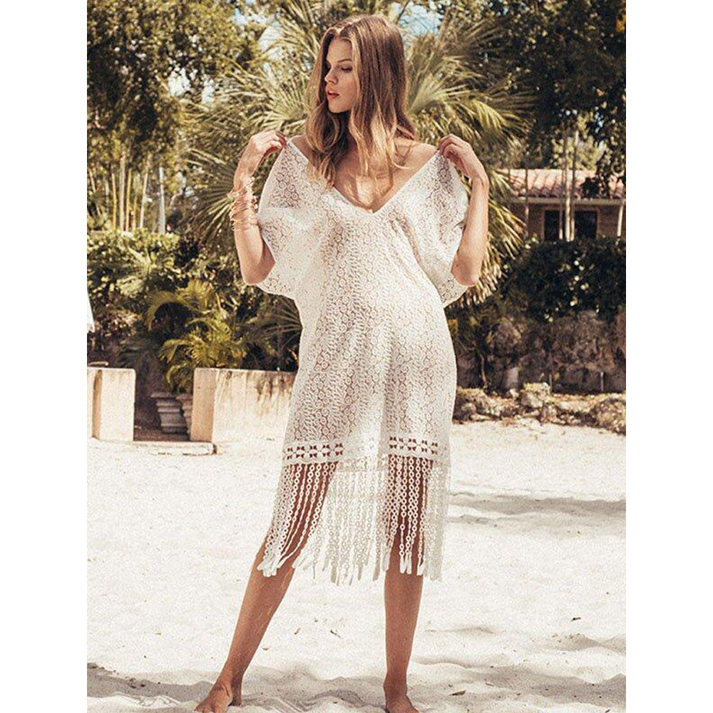 Tasseled Split-joint V-neck Cover-up-STYLEGOING