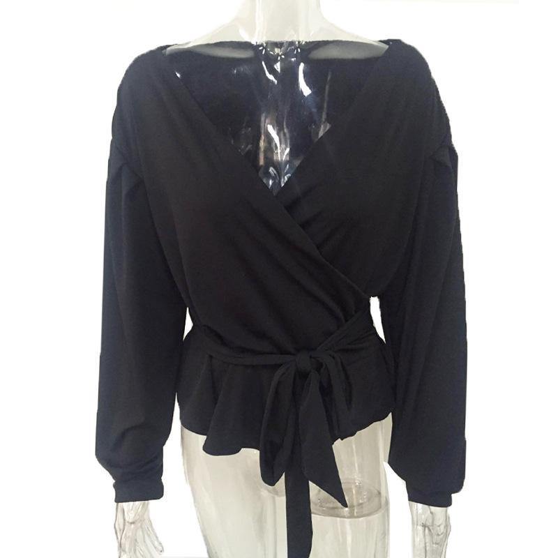 Black Women Sexy Bowknot Puff Sleeves Blouses-STYLEGOING