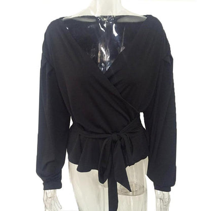 Black Women Sexy Bowknot Puff Sleeves Blouses-STYLEGOING