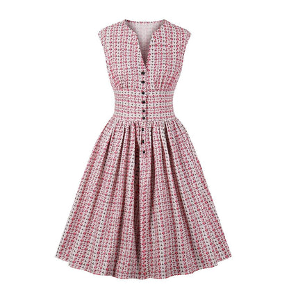 Women V Neck Floral Print High Waist Vintage Dresses with Button-STYLEGOING