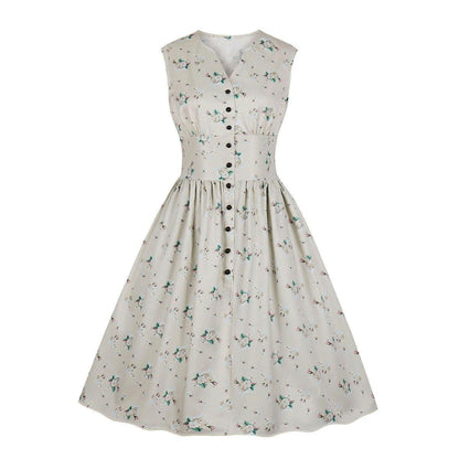 Women V Neck Floral Print High Waist Vintage Dresses with Button-STYLEGOING