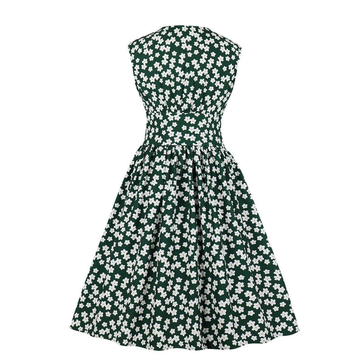 Women V Neck Floral Print High Waist Vintage Dresses with Button-STYLEGOING