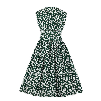 Women V Neck Floral Print High Waist Vintage Dresses with Button-STYLEGOING