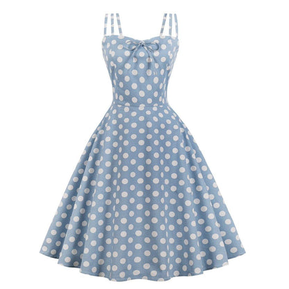 Women Summer Sphagetti Straps Dot Print Dresses-STYLEGOING