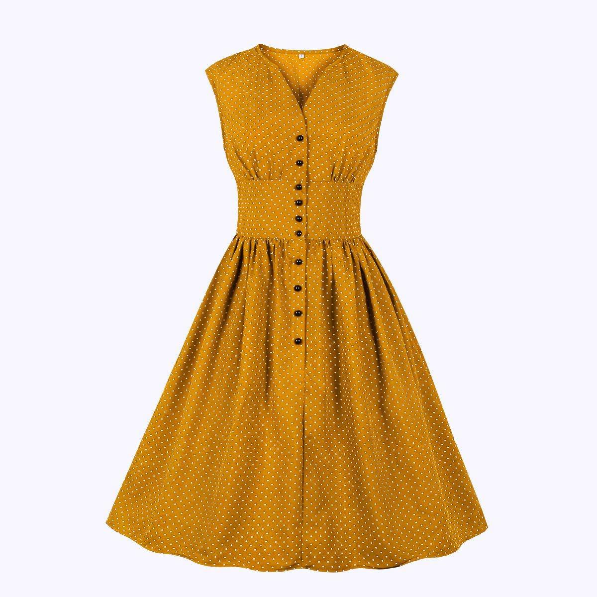 Women Sleeveless V Neck Dot Print Vintage Dresses with Buttons-STYLEGOING