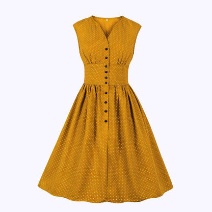 Women Sleeveless V Neck Dot Print Vintage Dresses with Buttons-STYLEGOING