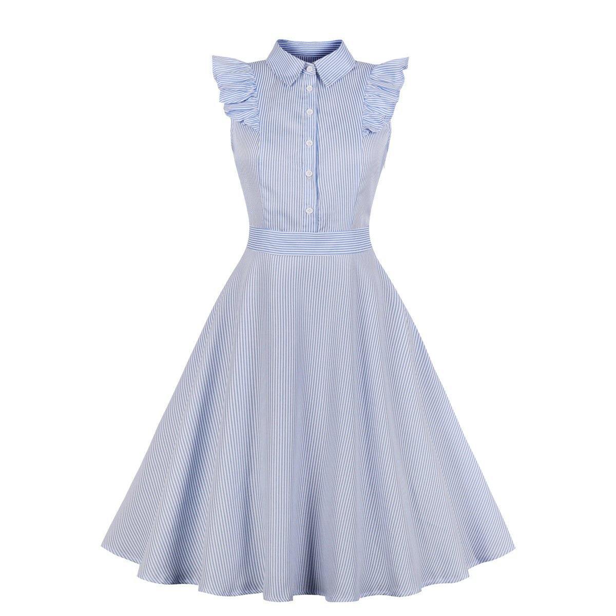 Plus Sizes Striped Ruffled Shirt Dresses-STYLEGOING