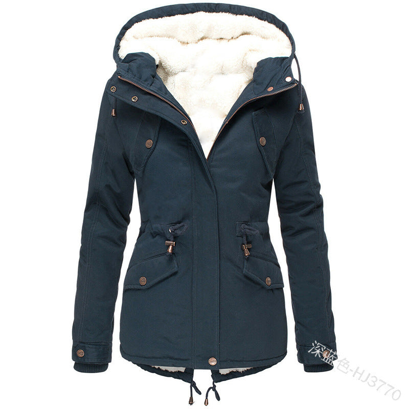 Casual Women Drawstring Hoody Cotton Overcoat for Winter