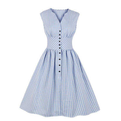 Vintage Button Floral Print High Waist Dresses-STYLEGOING