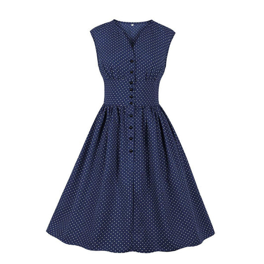 Women Sleeveless V Neck Dot Print Vintage Dresses with Buttons-STYLEGOING