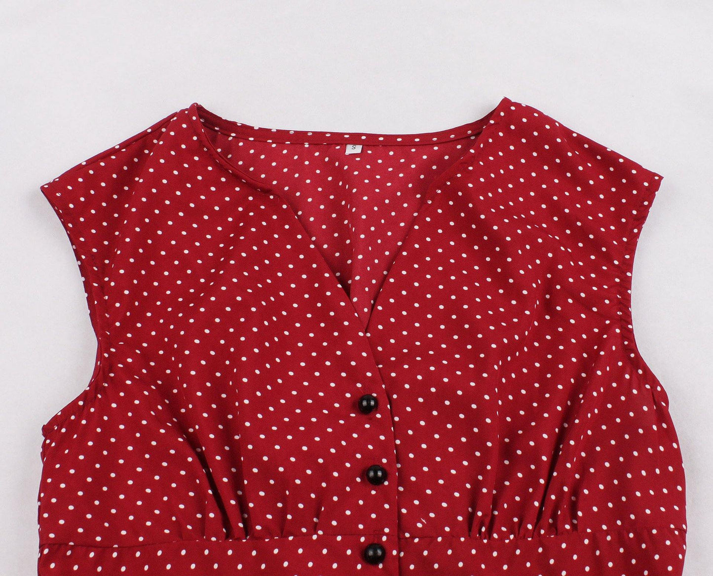 Women Sleeveless V Neck Dot Print Vintage Dresses with Buttons-STYLEGOING