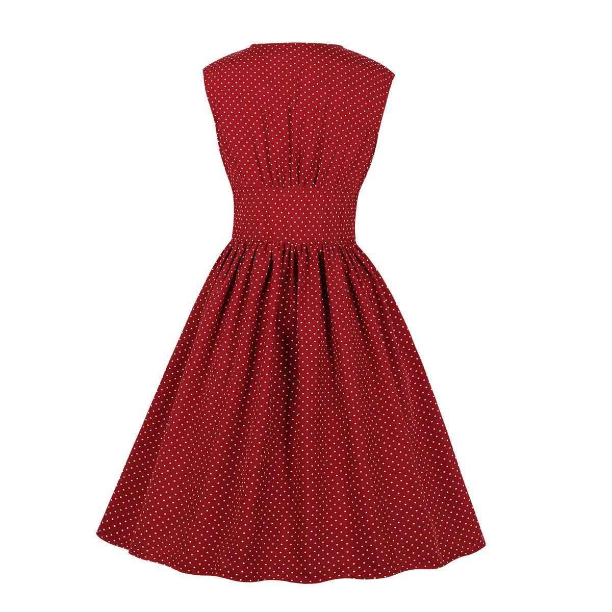 Women Sleeveless V Neck Dot Print Vintage Dresses with Buttons-STYLEGOING