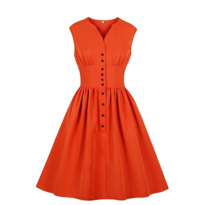 Vintage Button Floral Print High Waist Dresses-STYLEGOING