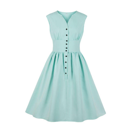Vintage Button Floral Print High Waist Dresses-STYLEGOING