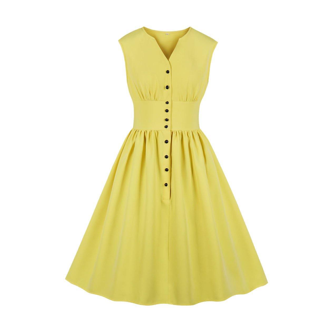 Vintage Button Floral Print High Waist Dresses-STYLEGOING